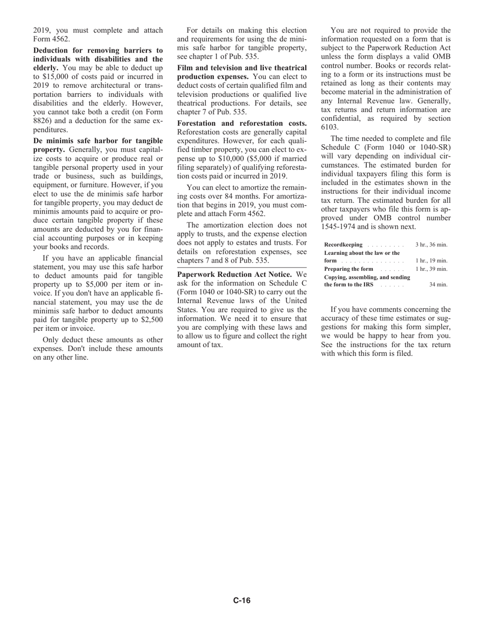 Instructions for IRS Form 1040, 1040-SR Schedule C Profit or Loss From Business (Sole Proprietorship), Page 16