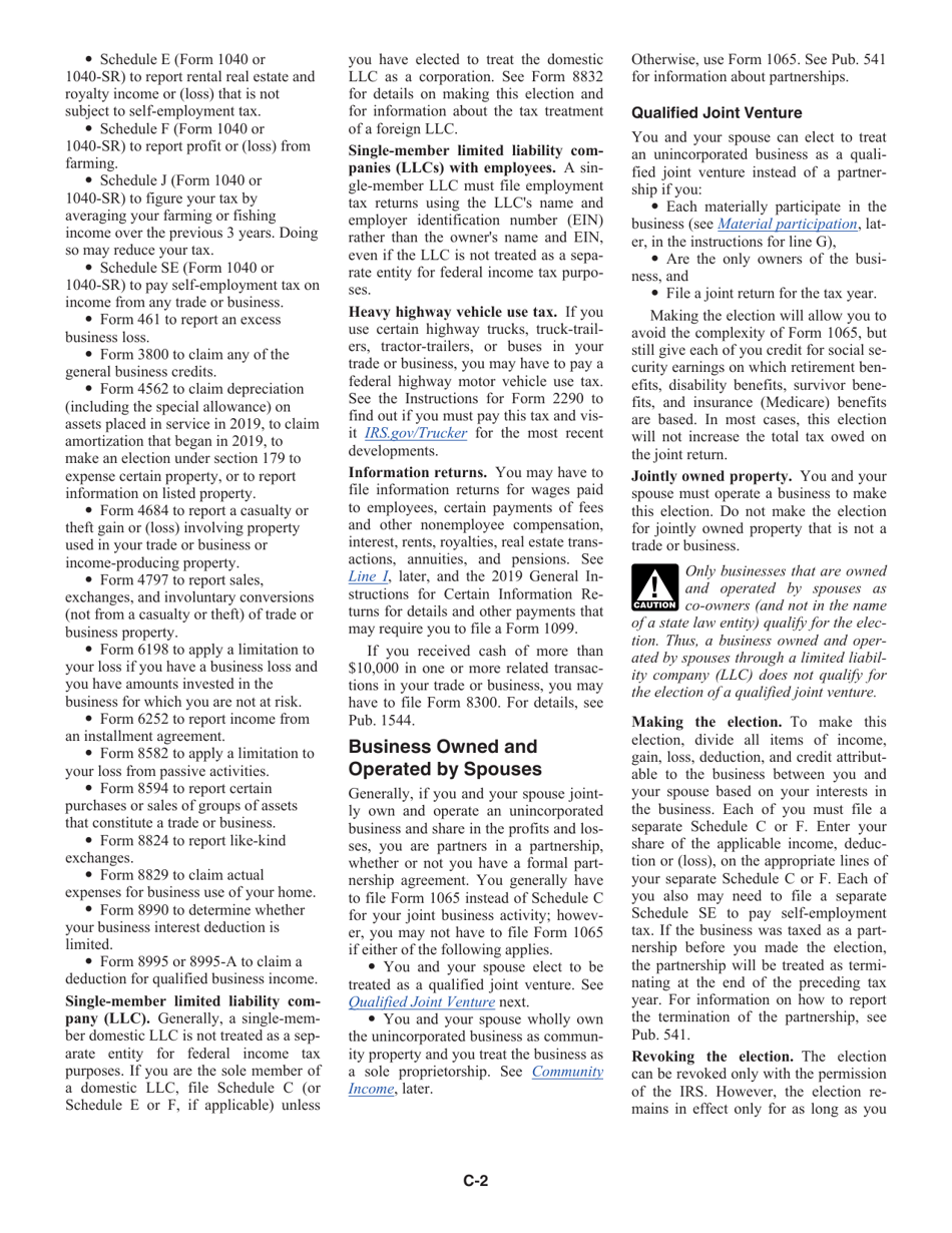 Instructions for IRS Form 1040, 1040-SR Schedule C Profit or Loss From Business (Sole Proprietorship), Page 2