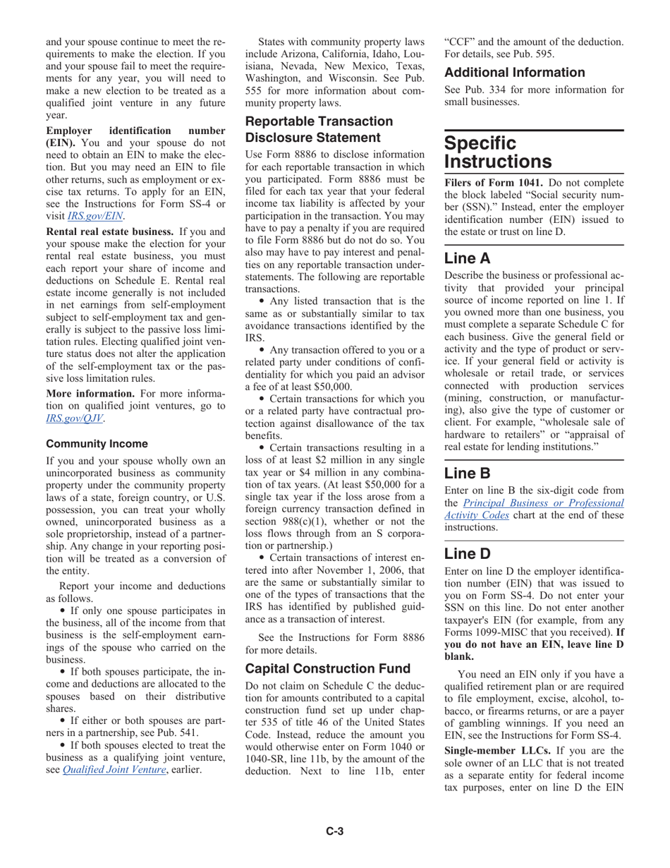 Instructions for IRS Form 1040, 1040-SR Schedule C Profit or Loss From Business (Sole Proprietorship), Page 3