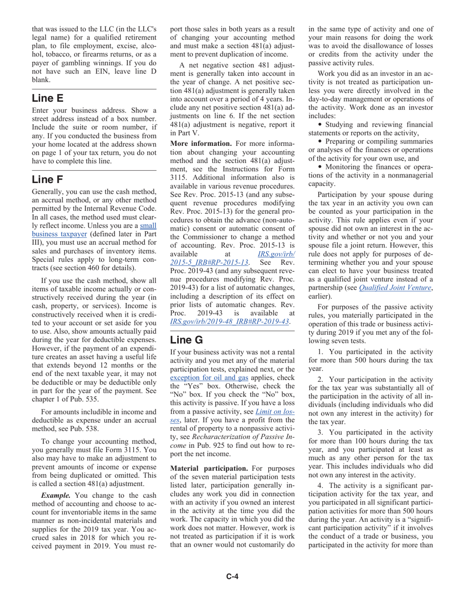 Instructions for IRS Form 1040, 1040-SR Schedule C Profit or Loss From Business (Sole Proprietorship), Page 4