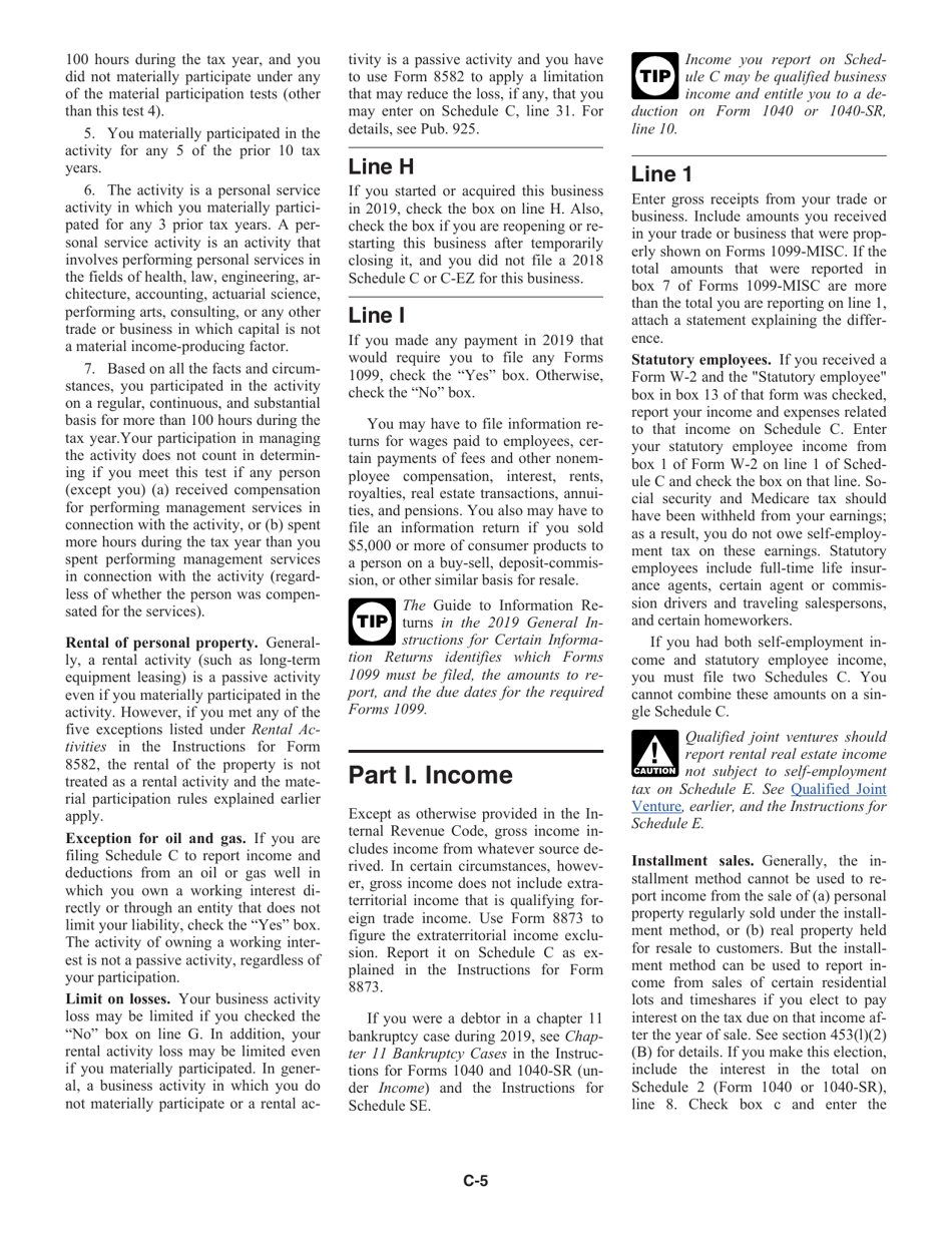 Instructions for IRS Form 1040, 1040-SR Schedule C Profit or Loss From Business (Sole Proprietorship), Page 5