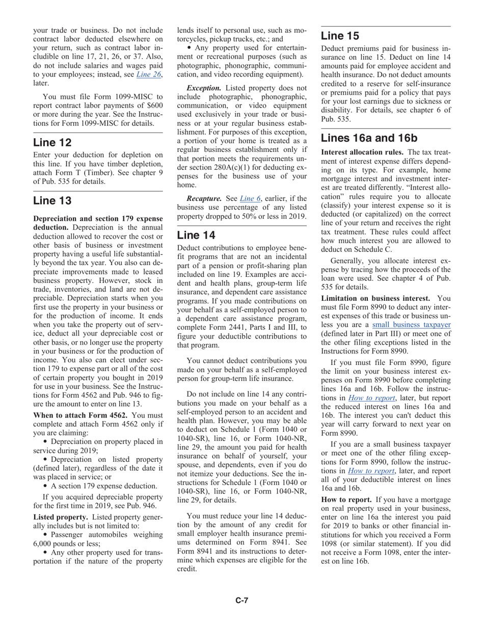 Instructions for IRS Form 1040, 1040-SR Schedule C Profit or Loss From Business (Sole Proprietorship), Page 7