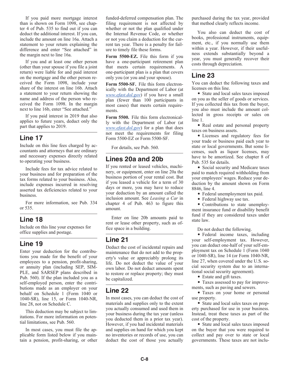 Instructions for IRS Form 1040, 1040-SR Schedule C Profit or Loss From Business (Sole Proprietorship), Page 8