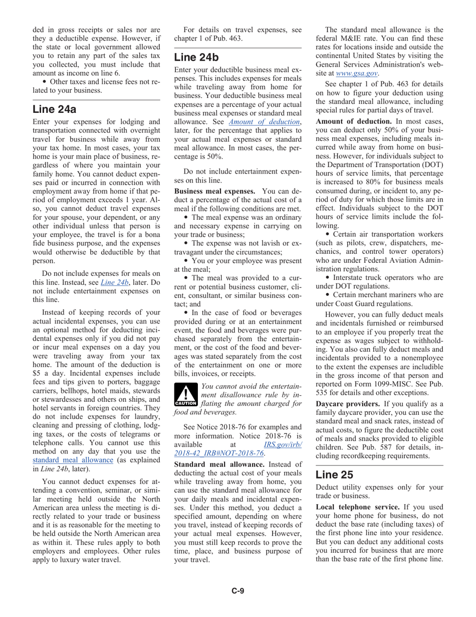 Instructions for IRS Form 1040, 1040-SR Schedule C Profit or Loss From Business (Sole Proprietorship), Page 9