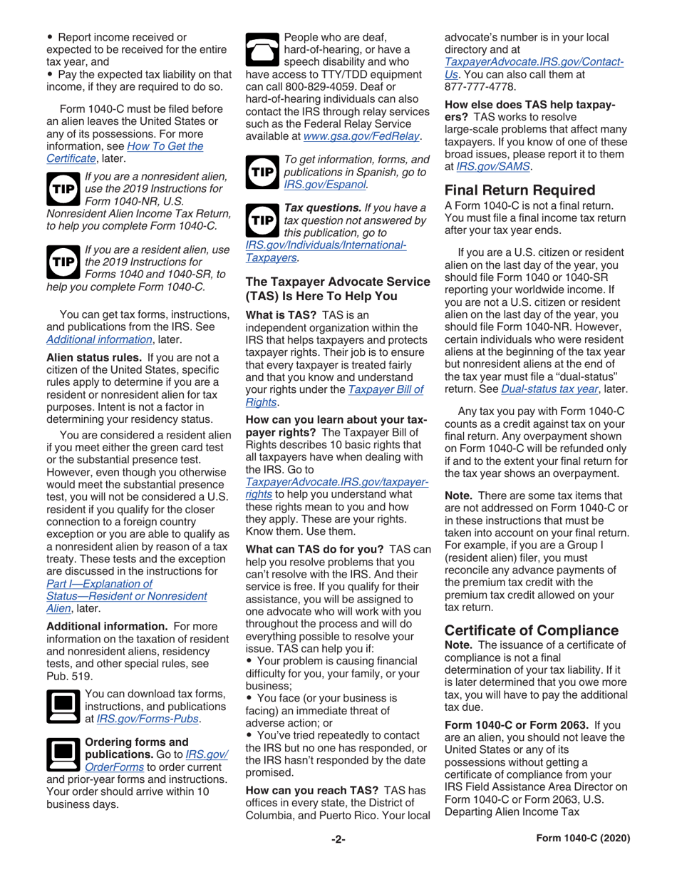 Instructions for IRS Form 1040-C U.S. Departing Alien Income Tax Return, Page 2