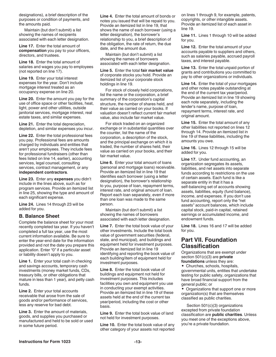 Instructions for IRS Form 1023 Application for Recognition of Exemption Under Section 501(C)(3) of the Internal Revenue Code, Page 13