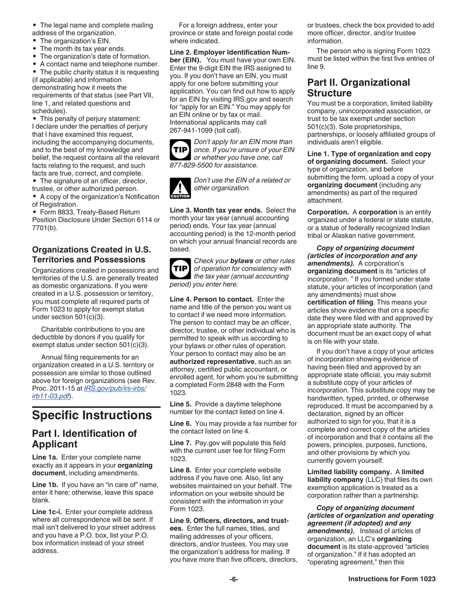 Instructions for IRS Form 1023 Application for Recognition of Exemption Under Section 501(C)(3) of the Internal Revenue Code, Page 6