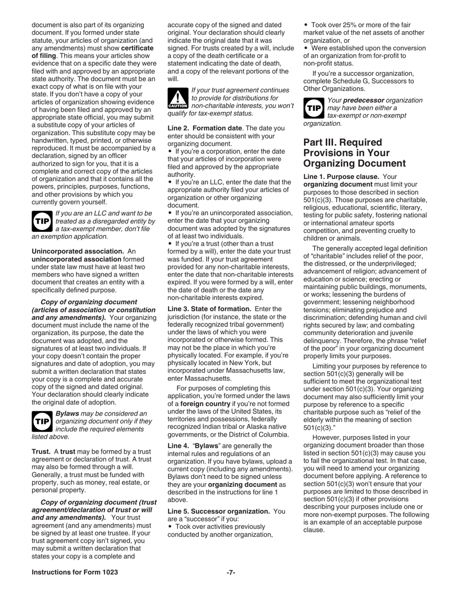 Instructions for IRS Form 1023 Application for Recognition of Exemption Under Section 501(C)(3) of the Internal Revenue Code, Page 7