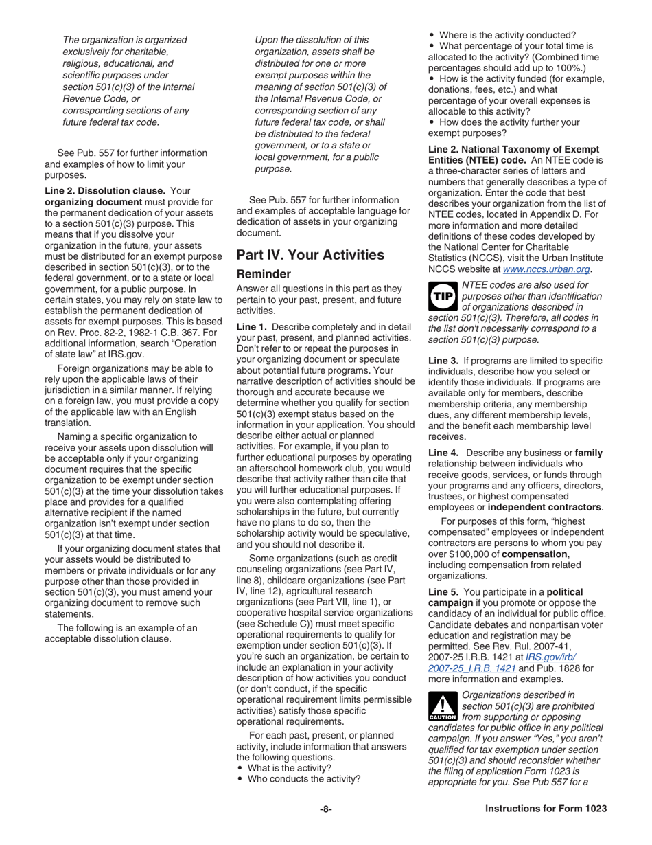 Instructions for IRS Form 1023 Application for Recognition of Exemption Under Section 501(C)(3) of the Internal Revenue Code, Page 8