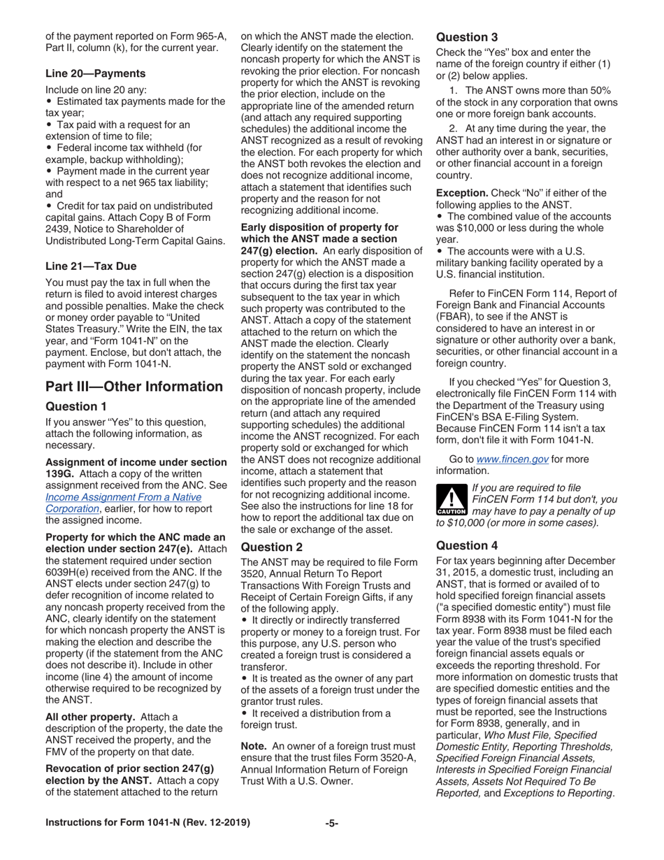 Instructions for IRS Form 1041-N U.S. Income Tax Return for Electing Alaska Native Settlement Trusts, Page 5