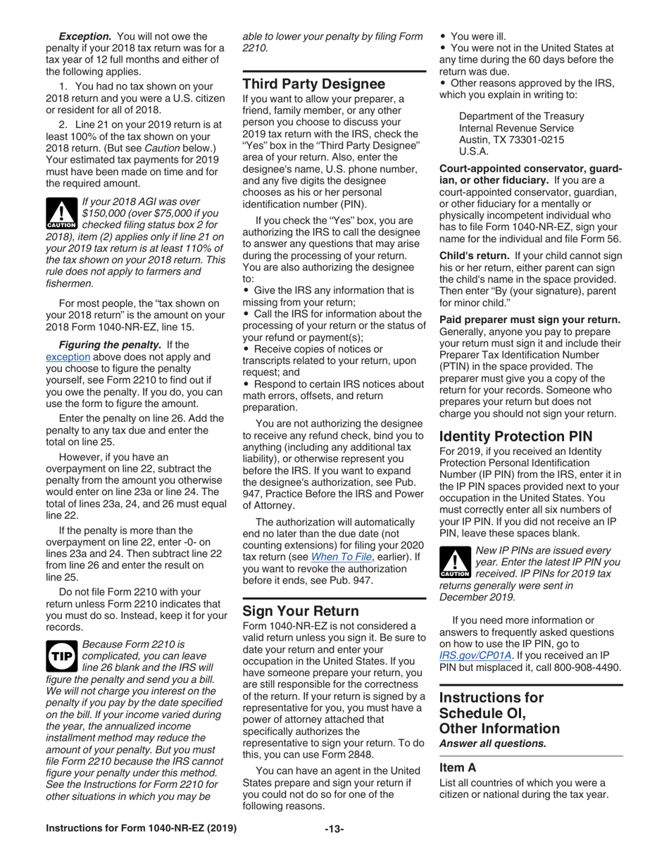 Instructions for IRS Form 1040-NR-EZ U.S. Income Tax Return for Certain Nonresident Aliens With No Dependents, Page 13