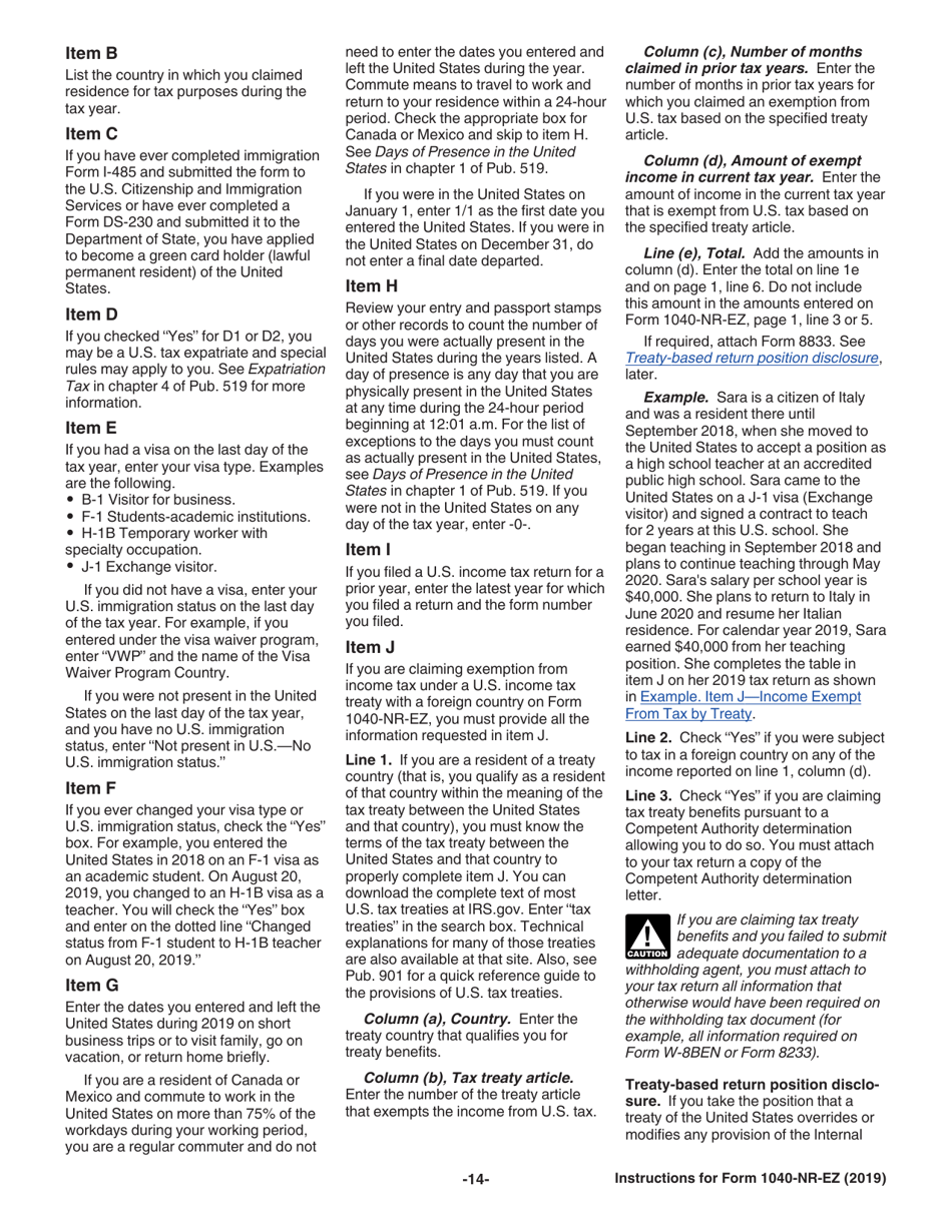 Instructions for IRS Form 1040-NR-EZ U.S. Income Tax Return for Certain Nonresident Aliens With No Dependents, Page 14