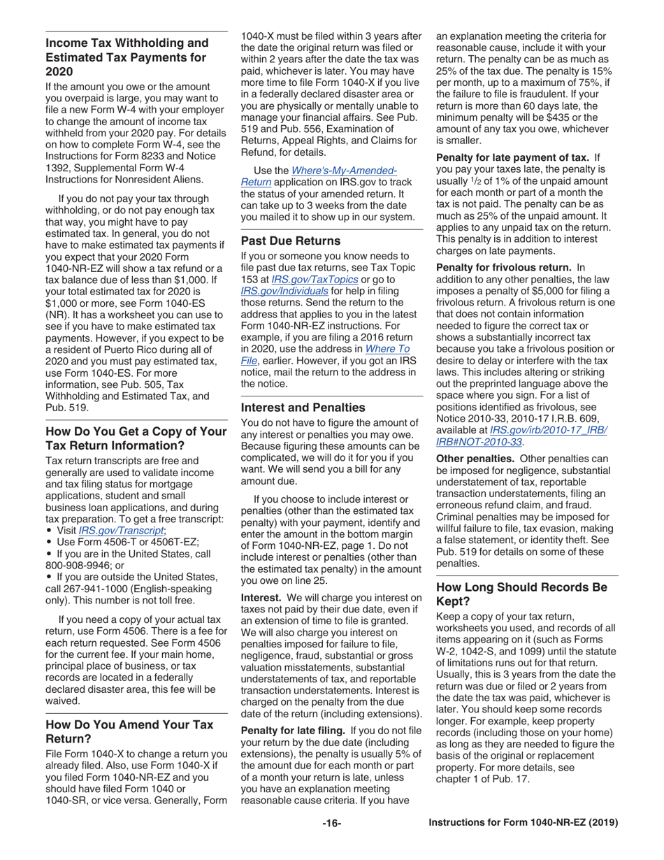 Instructions for IRS Form 1040-NR-EZ U.S. Income Tax Return for Certain Nonresident Aliens With No Dependents, Page 16