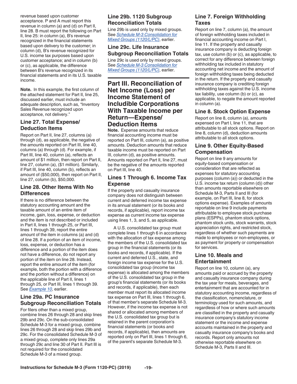 Instructions for IRS Form 1120-PC Schedule M-3 Net Income (Loss) Reconciliation for U.S. Property and Casualty Insurance Companies With Total Assets of $10 Million or More, Page 19