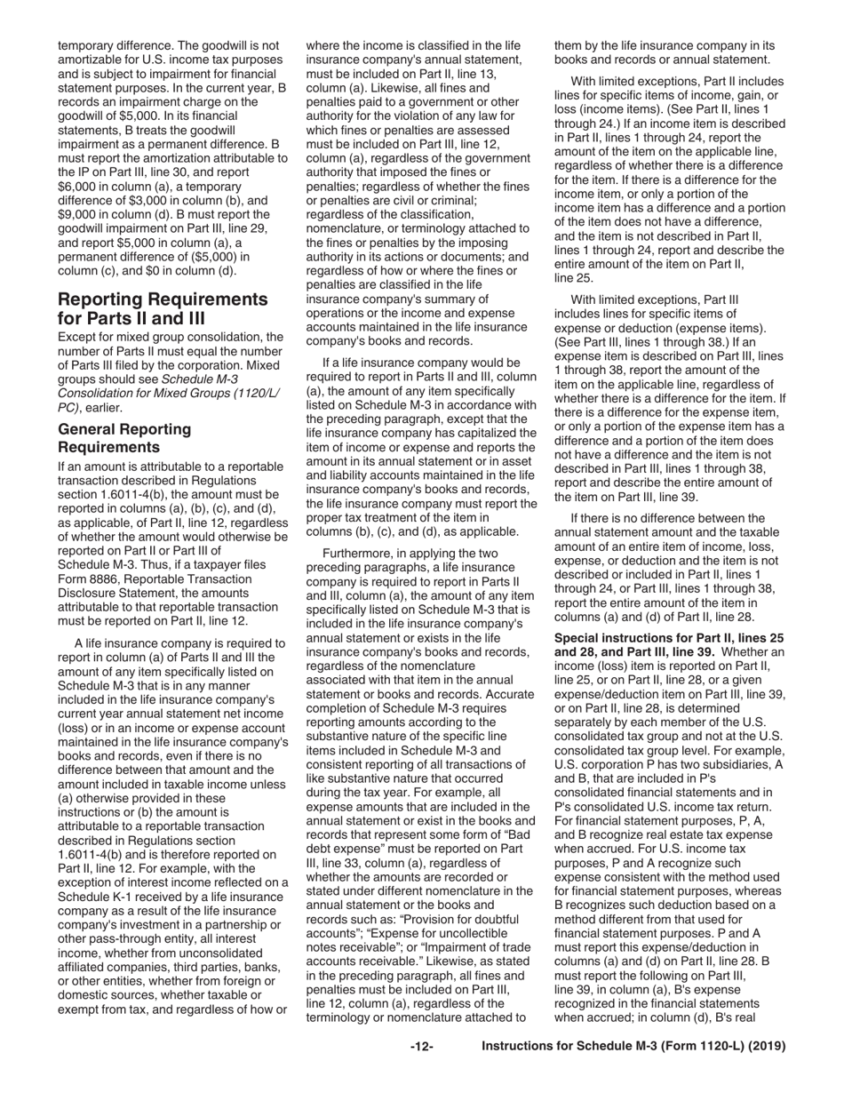 Instructions for IRS Form 1120-L Schedule M-3 Net Income (Loss) Reconciliation for US Life Insurance Companies With Total Assets of $10 Million or More, Page 12