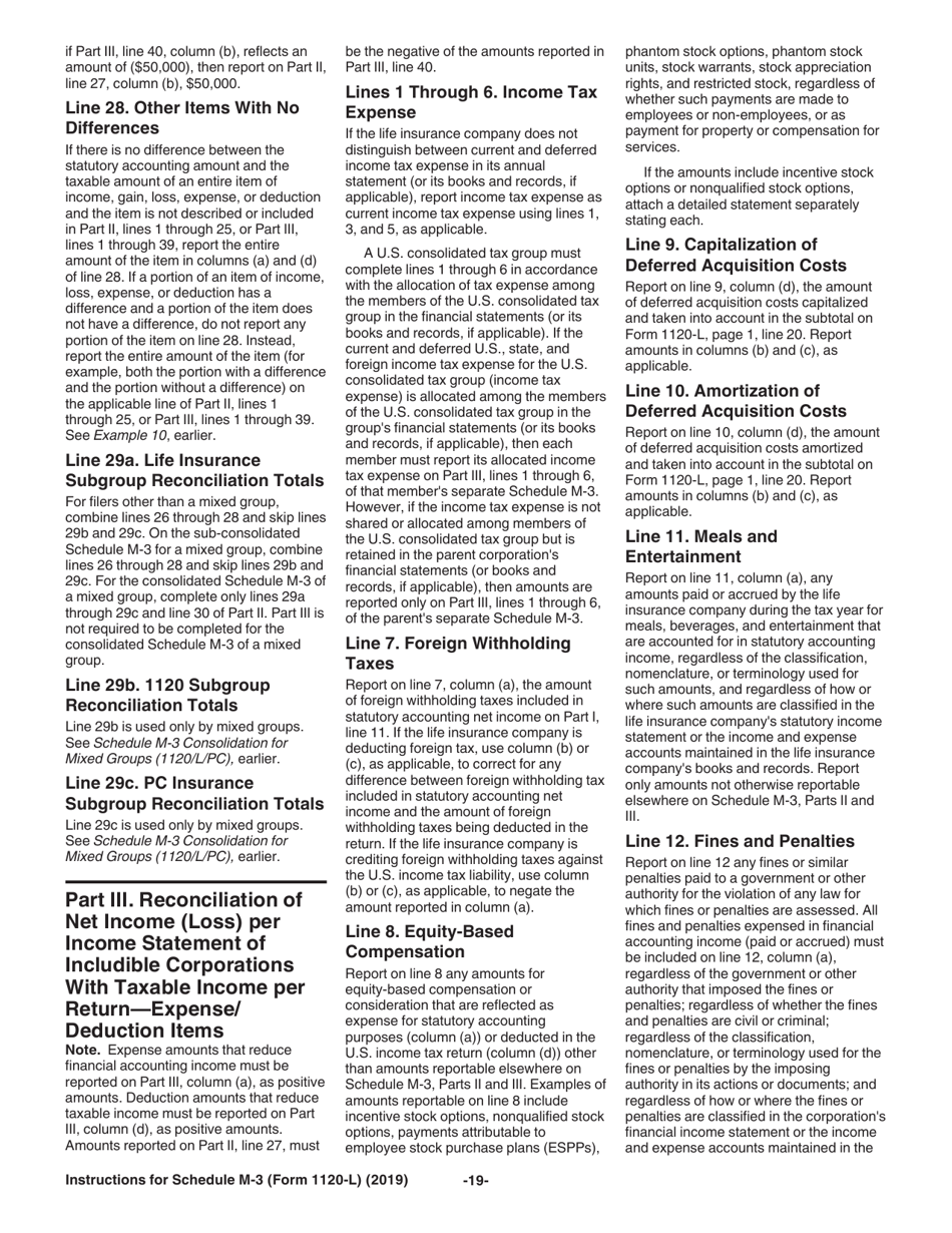 Instructions for IRS Form 1120-L Schedule M-3 Net Income (Loss) Reconciliation for US Life Insurance Companies With Total Assets of $10 Million or More, Page 19