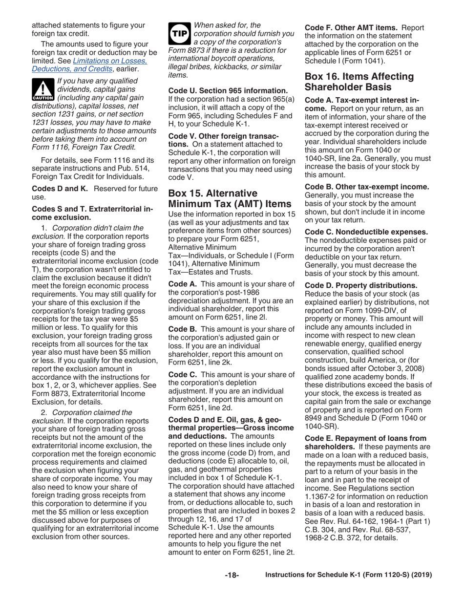 Instructions for IRS Form 1120-S Schedule K-1 Shareholders Share of Income, Deductions, Credits, Etc.(For Shareholders Use Only), Page 18