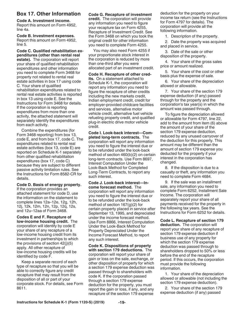 Instructions for IRS Form 1120-S Schedule K-1 Shareholders Share of Income, Deductions, Credits, Etc.(For Shareholders Use Only), Page 19