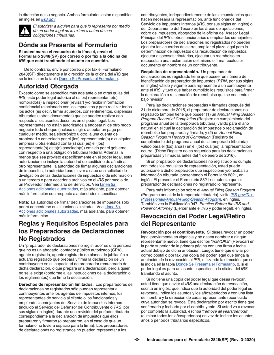 Instrucciones para IRS Formulario 2848(SP) Poder Legal Y Declaracion Del Representante (Spanish), Page 2