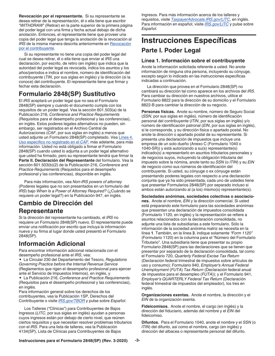 Instrucciones para IRS Formulario 2848(SP) Poder Legal Y Declaracion Del Representante (Spanish), Page 3