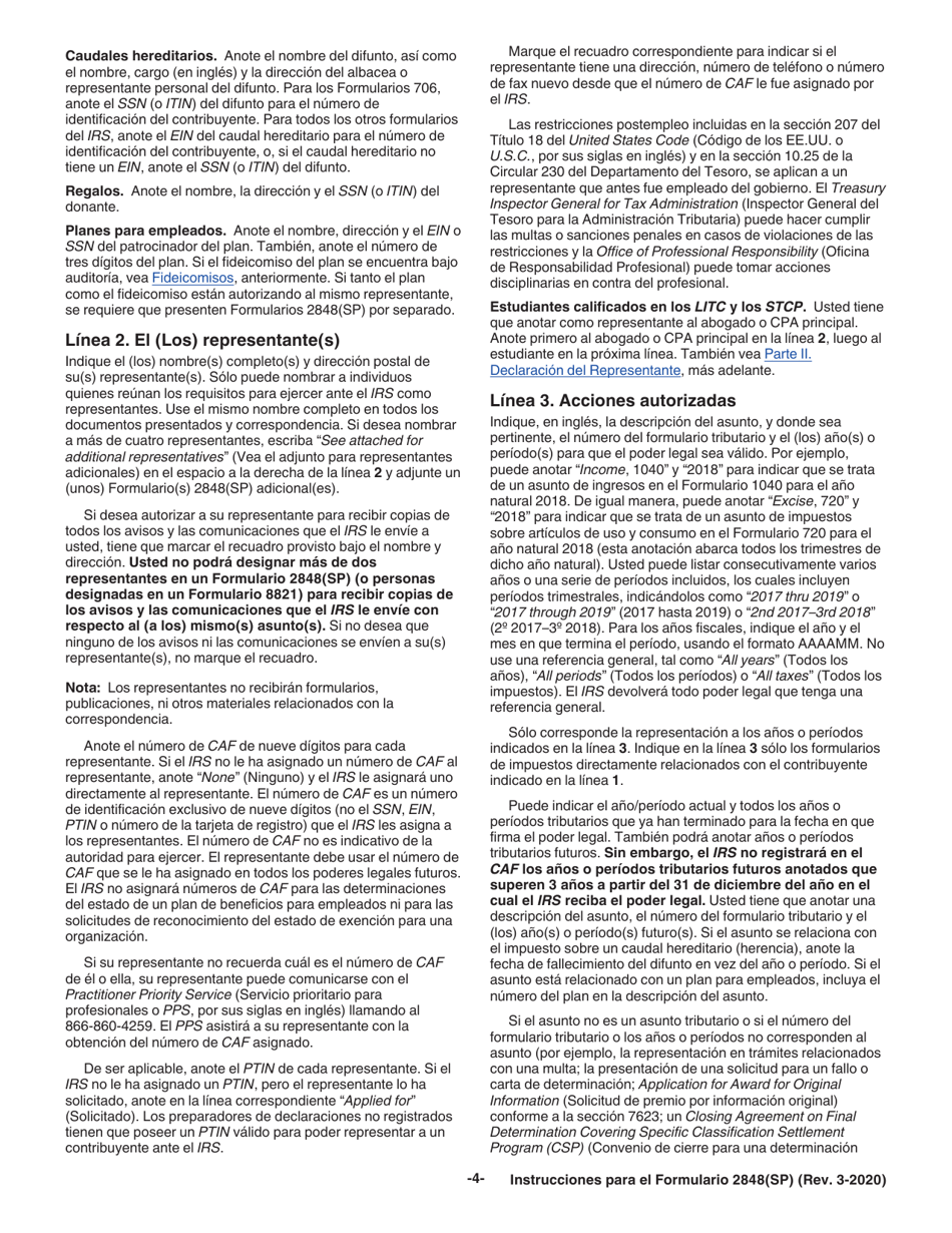 Instrucciones para IRS Formulario 2848(SP) Poder Legal Y Declaracion Del Representante (Spanish), Page 4