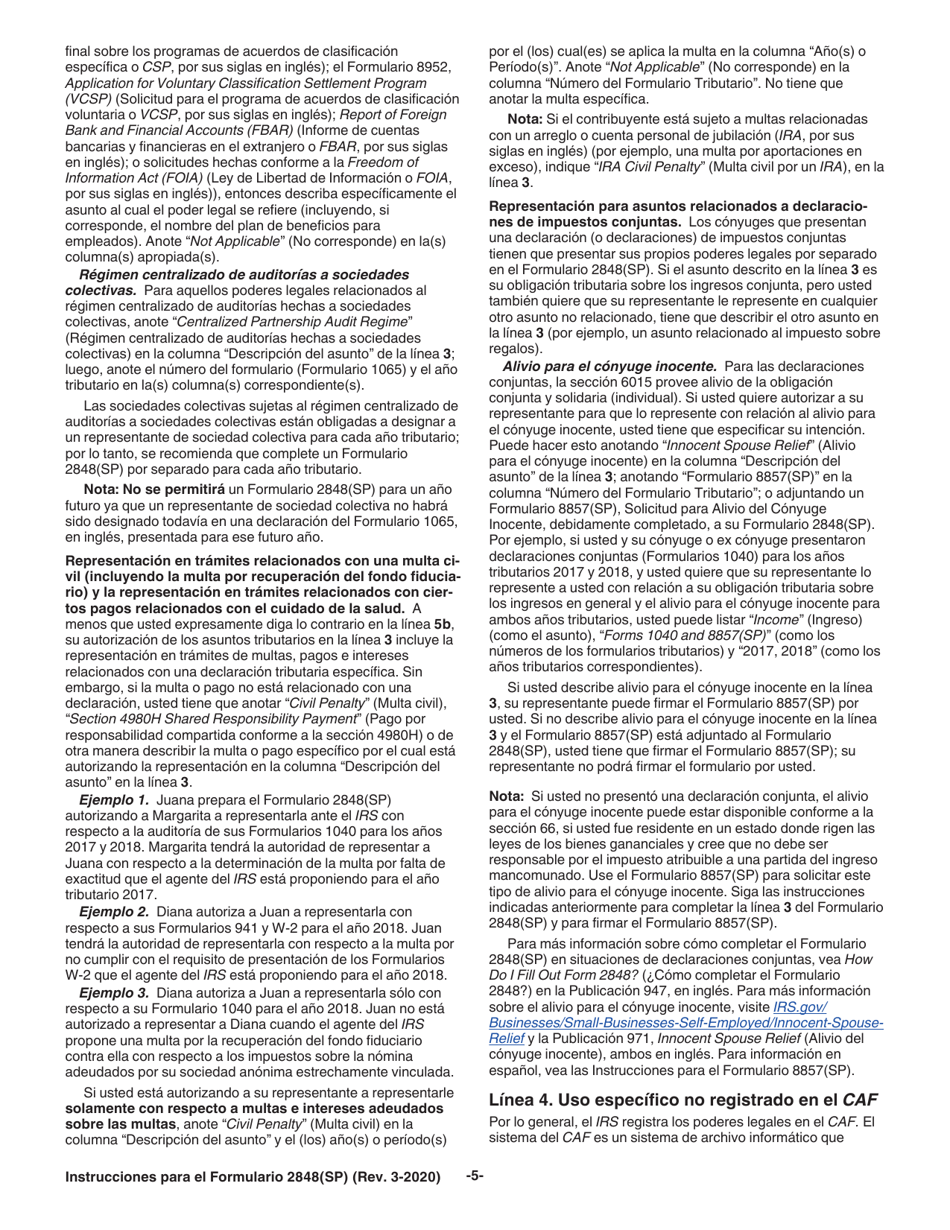 Instrucciones para IRS Formulario 2848(SP) Poder Legal Y Declaracion Del Representante (Spanish), Page 5