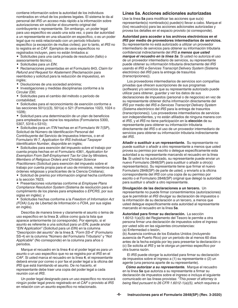 Instrucciones para IRS Formulario 2848(SP) Poder Legal Y Declaracion Del Representante (Spanish), Page 6