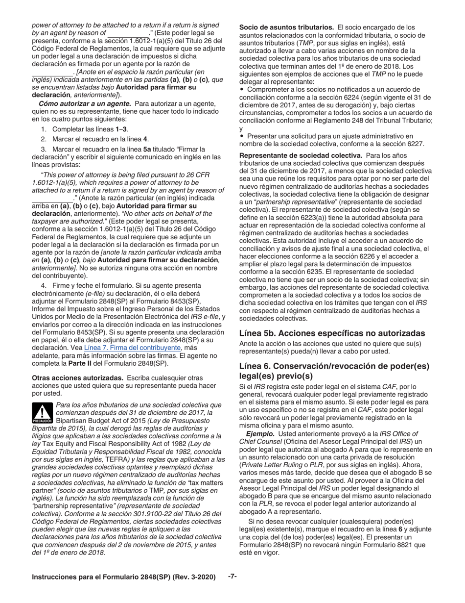 Instrucciones para IRS Formulario 2848(SP) Poder Legal Y Declaracion Del Representante (Spanish), Page 7