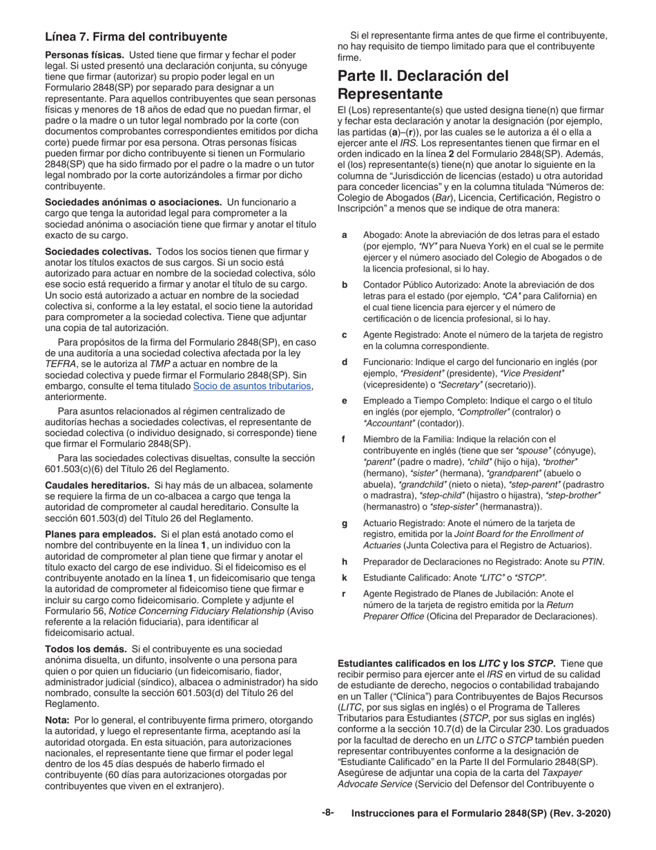 Instrucciones para IRS Formulario 2848(SP) Poder Legal Y Declaracion Del Representante (Spanish), Page 8