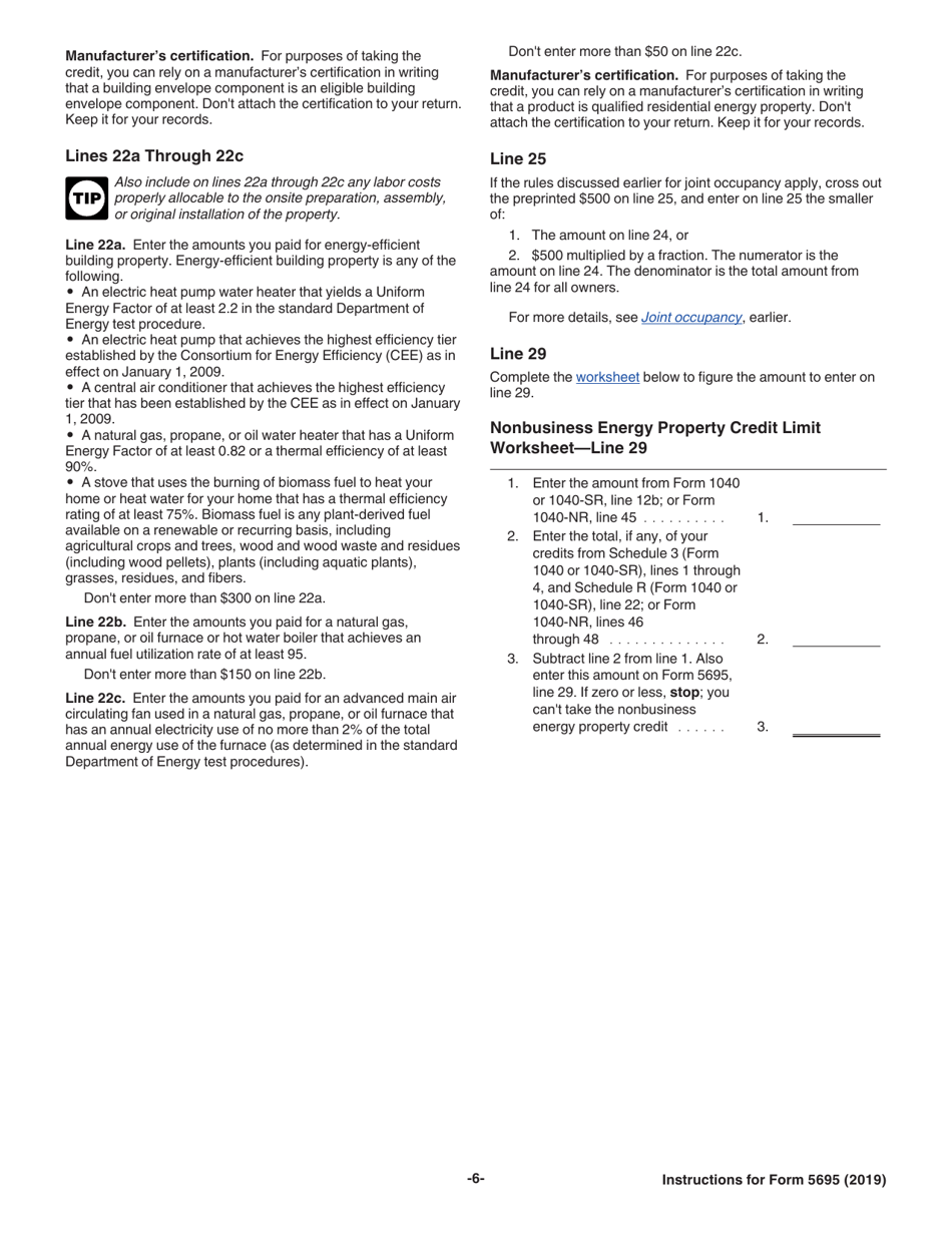 Download Instructions for IRS Form 5695 Residential Energy Credits PDF