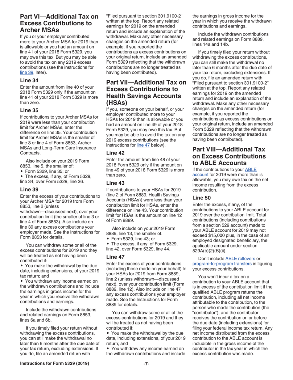 Instructions for IRS Form 5329 Additional Taxes on Qualified Plans (Including IRAs) and Other Tax-Favored Accounts, Page 7