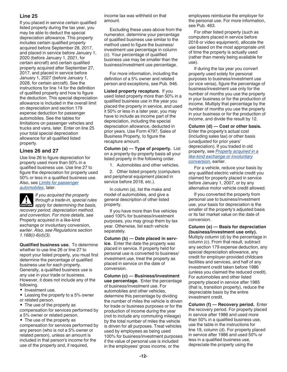 Instructions for IRS Form 4562 Depreciation and Amortization (Including Information on Listed Property), Page 12