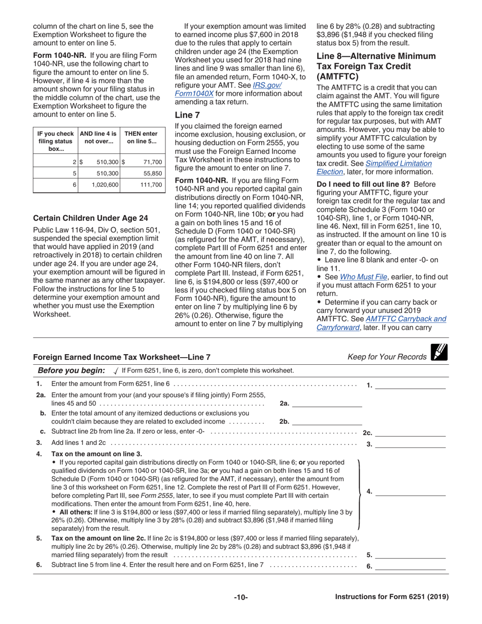 Instructions for IRS Form 6251 Alternative Minimum Tax - Individuals, Page 10