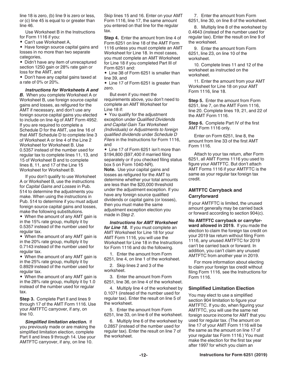 Instructions for IRS Form 6251 Alternative Minimum Tax - Individuals, Page 12