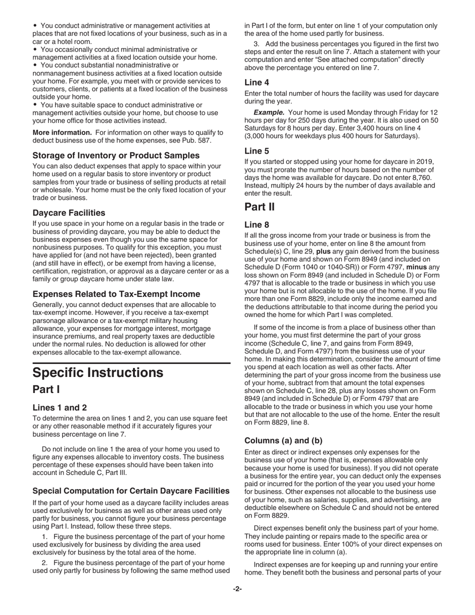 Instructions for IRS Form 8829 Expenses for Business Use of Your Home, Page 2