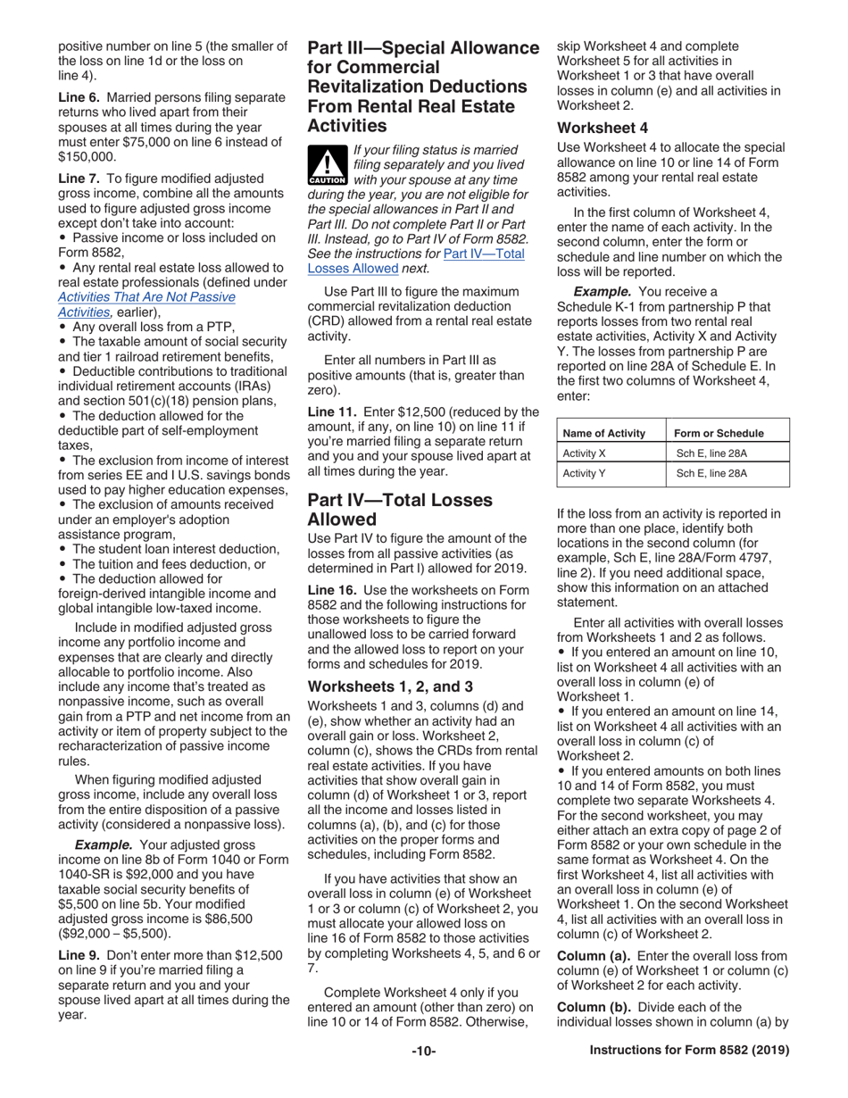 Instructions for IRS Form 8582 Passive Activity Loss Limitations, Page 10