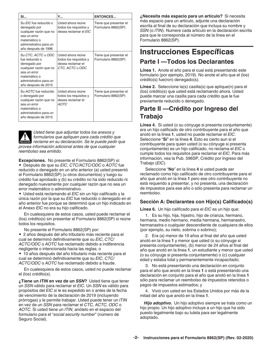 Instrucciones para IRS Formulario 8862(SP) Informacion Para Reclamar Ciertos Creditos Despues De Haber Sido Denegados (Spanish), Page 2