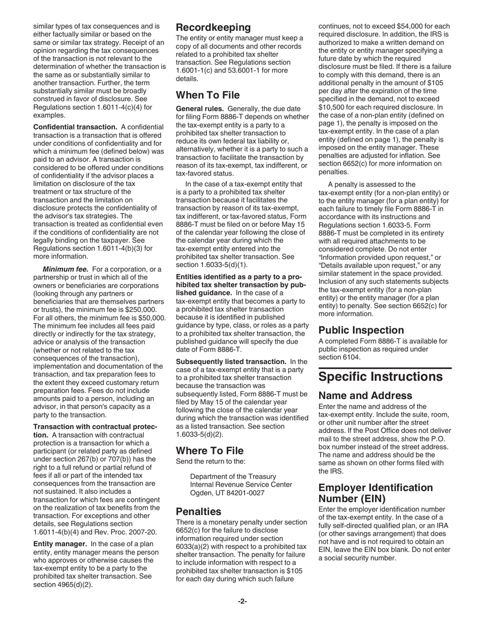 Instructions for IRS Form 8886-T Disclosure by Tax-Exempt Entity Regarding Prohibited Tax Shelter Transaction, Page 2
