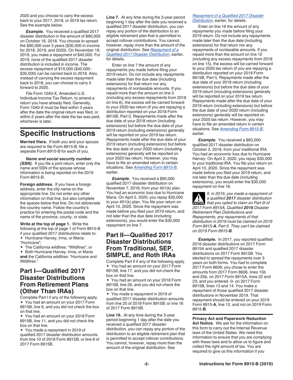 Instructions for IRS Form 8915-B Qualified 2017 Disaster Retirement Plan Distributions and Repayments, Page 2