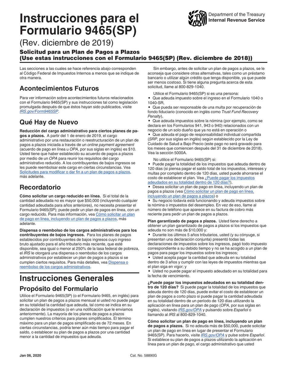 Instrucciones para IRS Formulario 9465(SP) Solicitud Para Un Plan De Pagos a Plazos (Spanish), Page 1