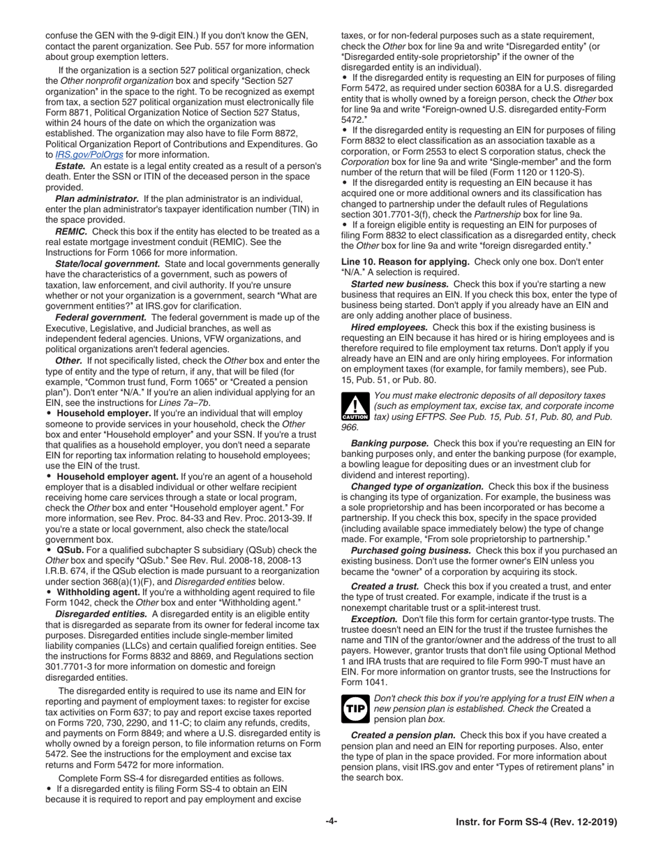 Instructions for IRS Form SS-4 Application for Employer Identification Number (Ein), Page 4