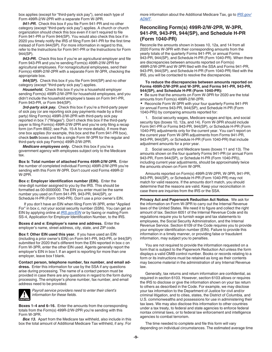 Instrucciones para IRS Formulario W-3PR Informe De Comprobantes De Retencion (Puerto Rican Spanish), Page 9