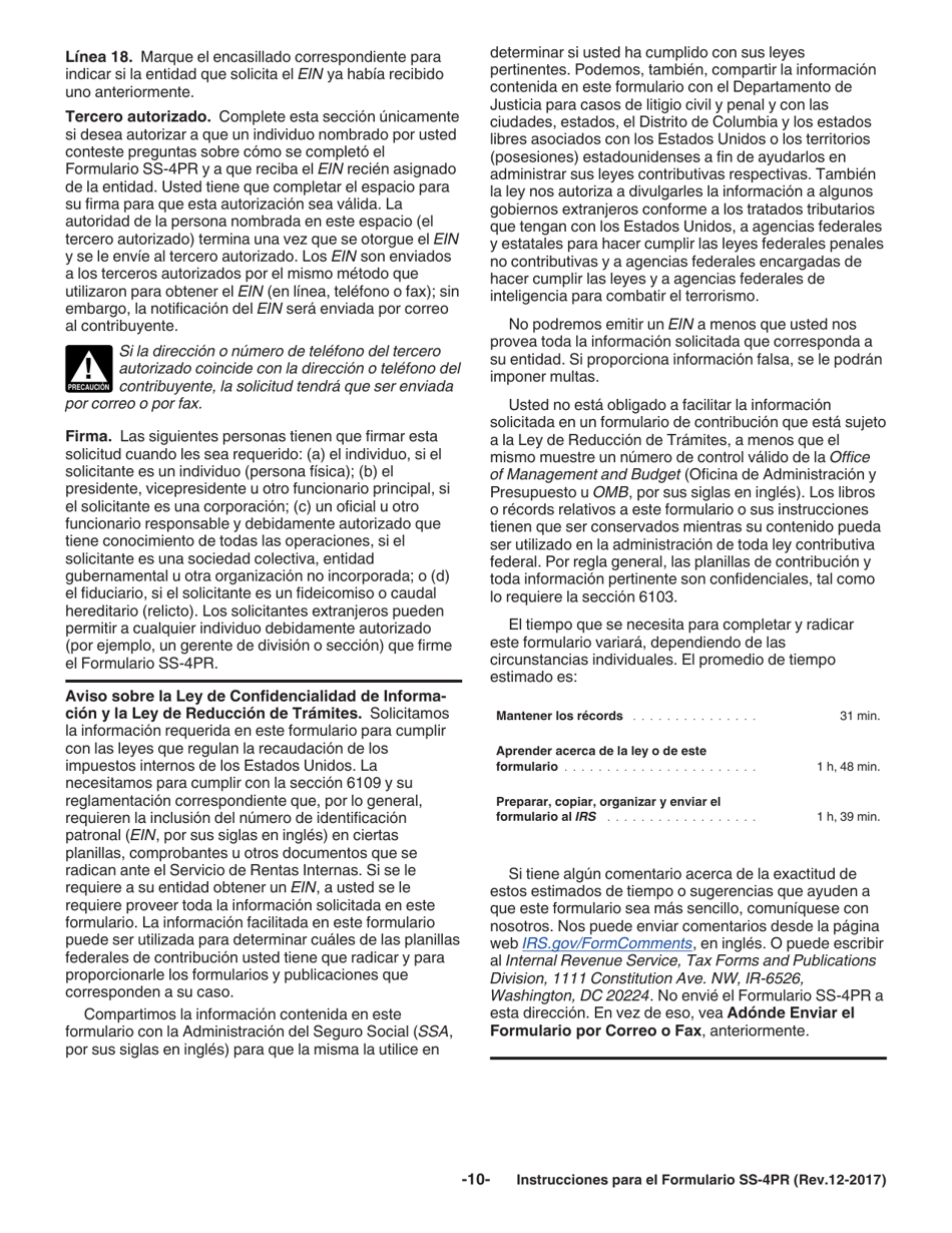 Instrucciones para IRS Formulario SS-4PR Solicitud De Numero De Identificacion Patronal (Ein) (Puerto Rican Spanish), Page 10
