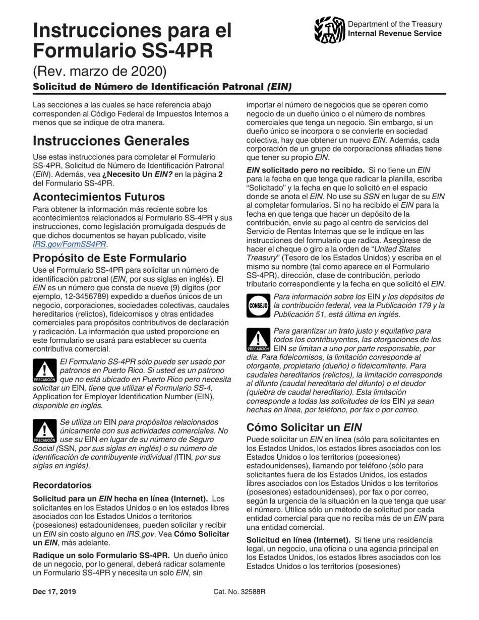 Instrucciones para IRS Formulario SS-4PR Solicitud De Numero De Identificacion Patronal (Ein) (Puerto Rican Spanish), Page 1