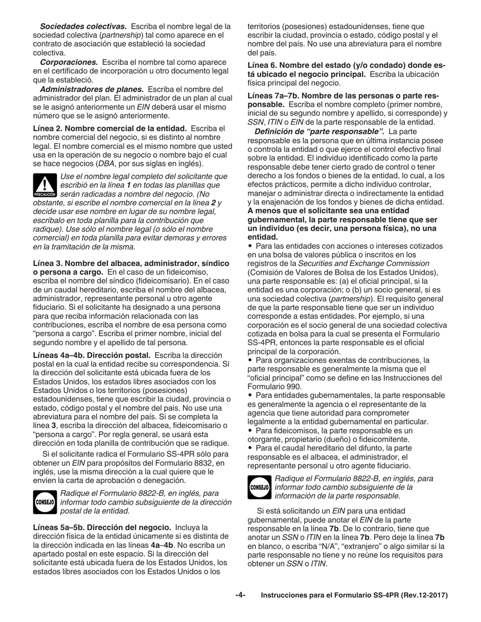 Instrucciones para IRS Formulario SS-4PR Solicitud De Numero De Identificacion Patronal (Ein) (Puerto Rican Spanish), Page 4