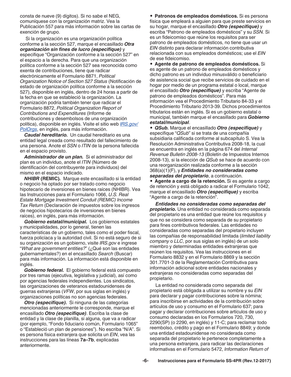 Instrucciones para IRS Formulario SS-4PR Solicitud De Numero De Identificacion Patronal (Ein) (Puerto Rican Spanish), Page 6