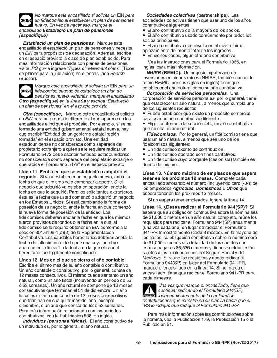 Instrucciones para IRS Formulario SS-4PR Solicitud De Numero De Identificacion Patronal (Ein) (Puerto Rican Spanish), Page 8