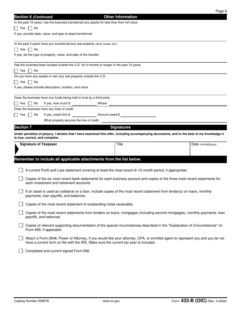 IRS Form 433-B (OIC) Collection Information Statement for Businesses, Page 6