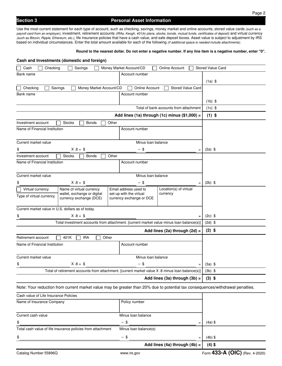 Form 433-A (OIC) Collection Information Statement for Wage Earners and Self-employed Individuals, Page 2