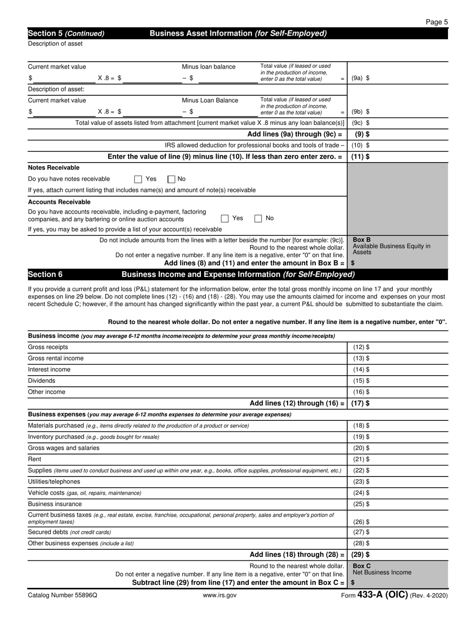 Form 433-A (OIC) Collection Information Statement for Wage Earners and Self-employed Individuals, Page 5